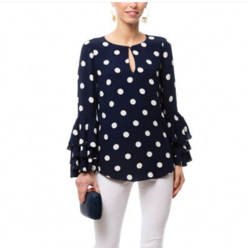 Sail to Sable Navy Polka Dot Ruffle Sleeve Blouse Size Medium